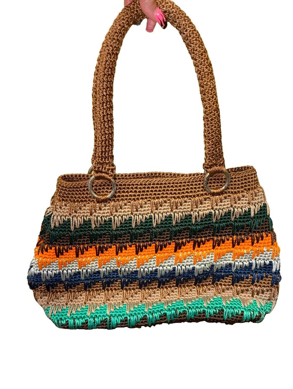 Vintage 70s Boho Crochet Tote Bag Mosaic Spike Stitch Handbag O-Ring Handles
